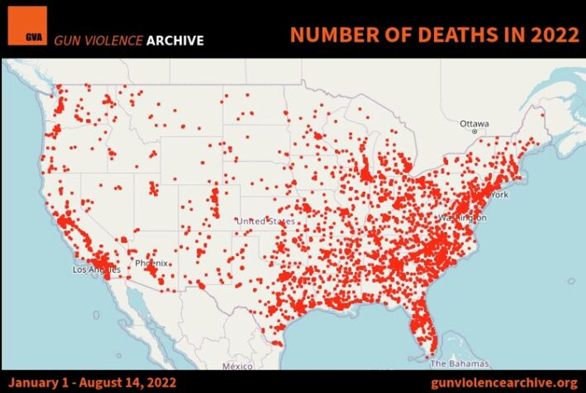 Mapa realizado por la organización Gun Violence Archive sobre los tiroteos en EEUU - Sputnik Mundo, 1920, 15.08.2022