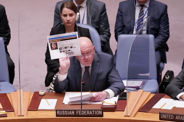 El representante permanente de Rusia ante la ONU, Vasili Nebenzia, muestra en una reunión del Consejo de Seguridad de la ONU una captura de pantalla del sitio web ucraniano Pacificador con una imagen de la periodista rusa Daria Dúguina tachada con la inscripción &quot;liquidada&quot;. Daria Dúguina, de 29 años, murió el 20 de agosto en la región de Moscú cuando su coche fue explotado por la terrorista ucraniana Natalia Vovk. - Sputnik Mundo