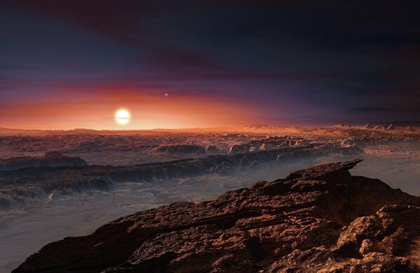 Y así es como el artista representó el cielo de Próxima Centauri b, un exoplaneta que gira alrededor de la enana roja Próxima Centauri, la estrella más cercana al Sol. - Sputnik Mundo