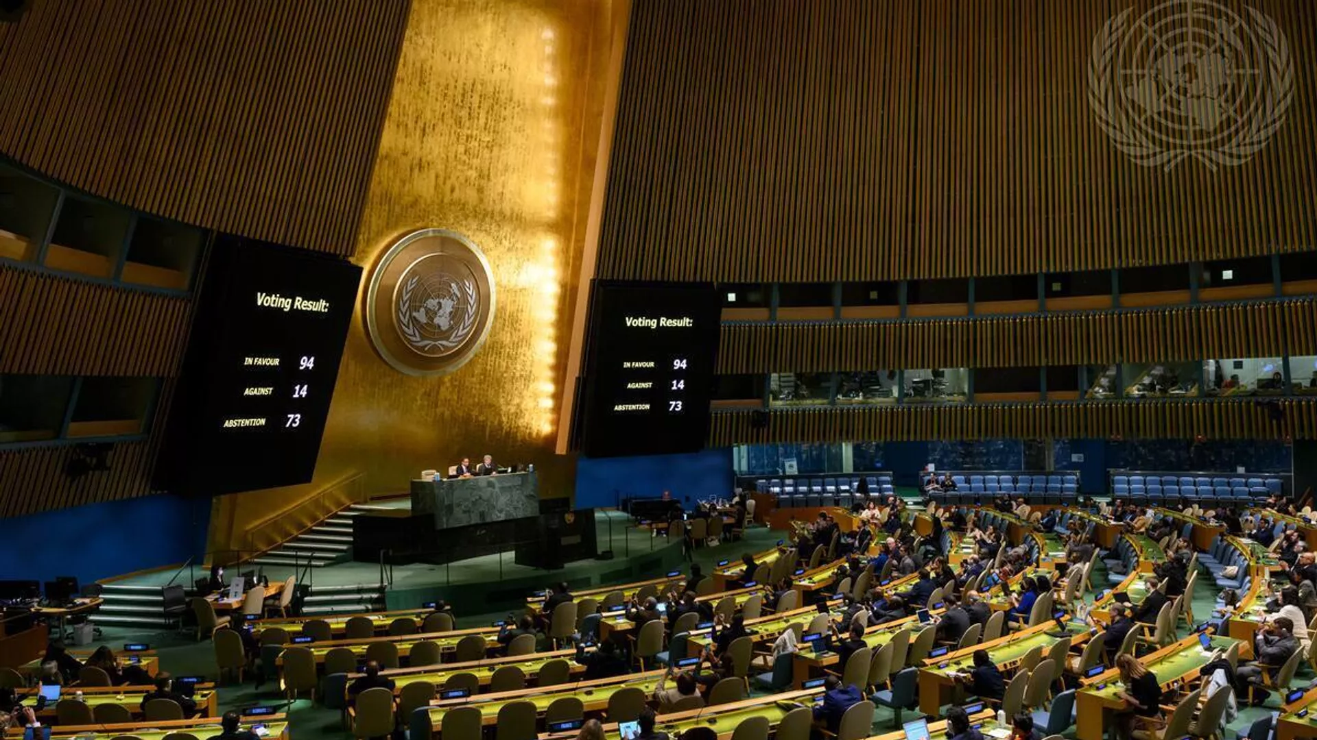 Panel de votación en la Asamblea General sobre el pago de reparaciones a Ucrania desde Rusia. - Sputnik Mundo, 1920, 11.11.2024