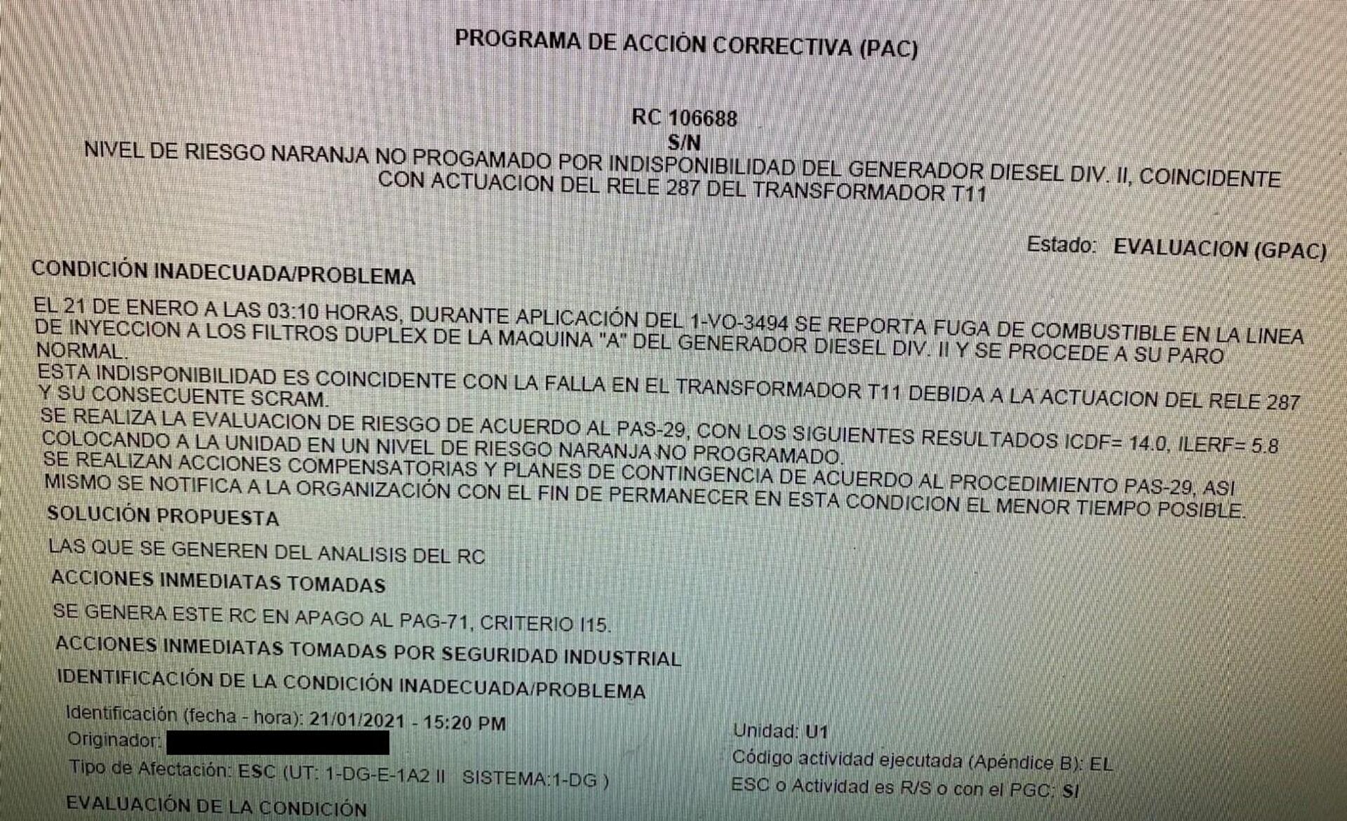 A las 03:10 horas se reportó una fuga de combustible en la línea de inyección a los filtros dúplex de la máquina A del Generador Diesel, lo que generó su parada. - Sputnik Mundo, 1920, 28.11.2022