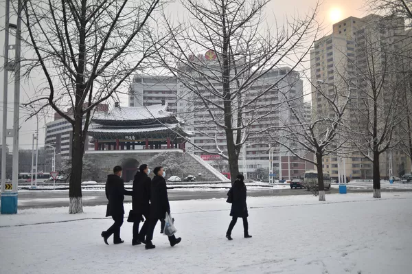 En Pyongyang, capital de Corea del Norte, el termómetro marca ligeramente bajo cero y nevó.En la foto: peatones en una calle de Pyongyang. En Pyongyang, capital de Corea del Norte, el termómetro marca ligeramente bajo cero y nevó.En la foto: peatones en una calle de Pyongyang. - Sputnik Mundo