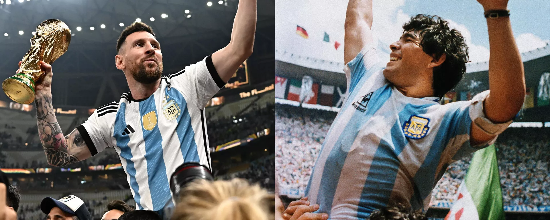 Lionel Messi en Lusail, 2022 y Diego Armando Maradona en Ciudad de México, 1986 Lionel Messi en Lusail, 2022 y Diego Armando Maradona en Ciudad de México, 1986 - Sputnik Mundo, 1920, 19.12.2022