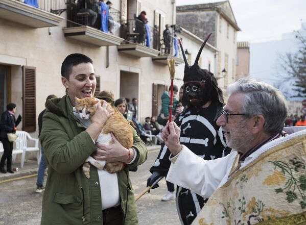 El 17 de enero los católicos de muchos países celebran el Día de San Antonio, patrón de los animales. En este día, los sacerdotes rocían con agua a los animales domésticos y de granja de cuatro patas y les dan su bendición.En la foto: un sacerdote bendice un gato en el Día de San Antonio en Muro, Mallorca, España. - Sputnik Mundo