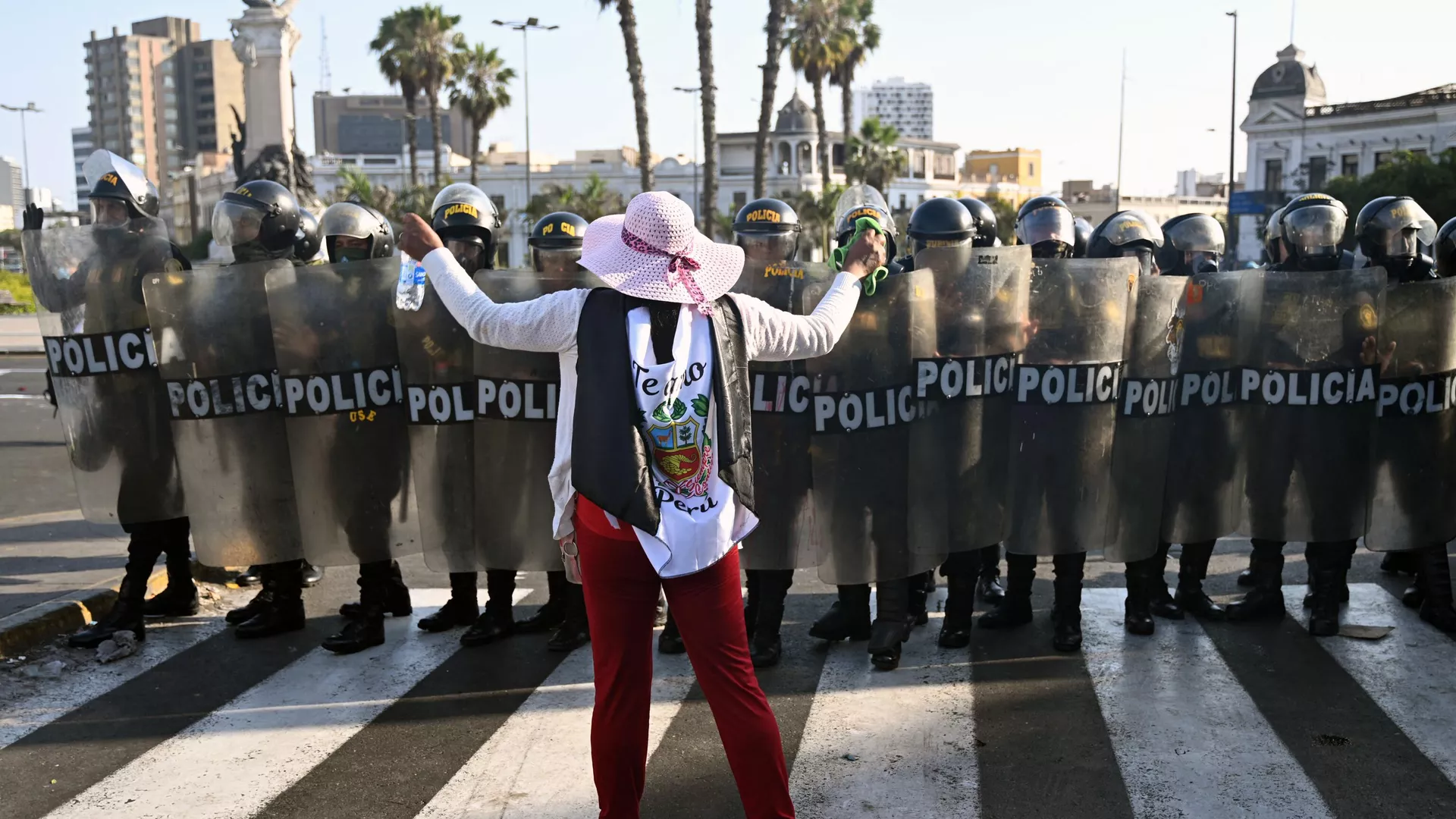 Una mujer enfrenta a la policía en Lima durante una protesta por la renuncia de la presidenta Dina Boluarte.