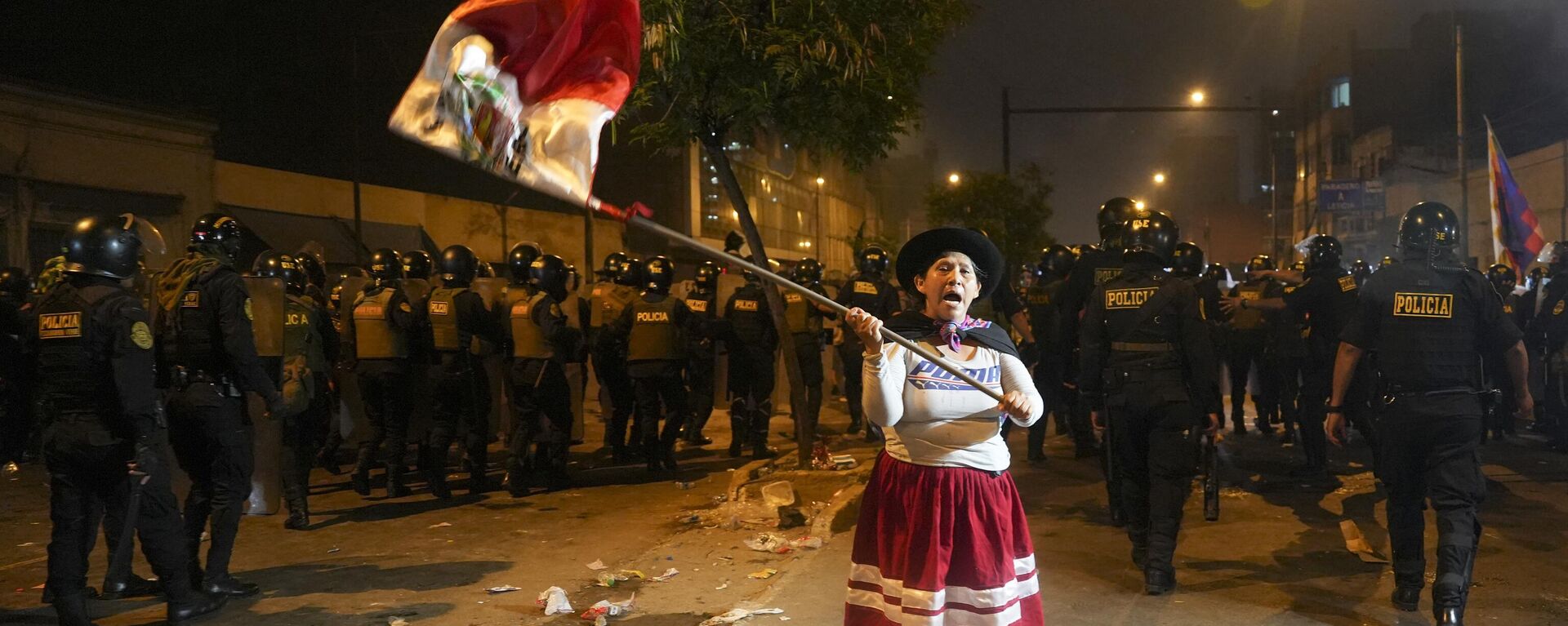 Aida Aroni ondeando una bandera de Perú frente a los policías antes de detenida - Sputnik Mundo, 1920, 09.02.2023