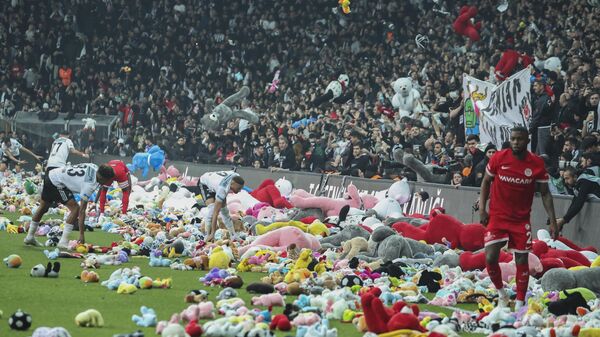 Los aficionados lanzan juguetes al campo durante el partido de fútbol de la Superliga turca entre el Besiktas y el Antalyaspor en el estadio Vodafone de Estambul, Turquía - Sputnik Mundo