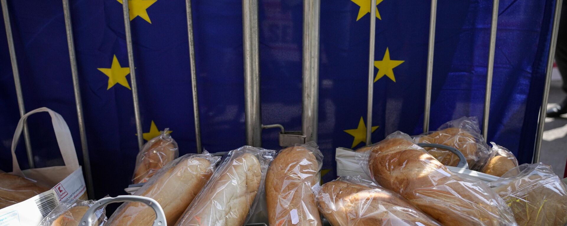 Panes delante de la bandera de la UE durante una protesta de agricultores frente a la Oficina de Representación de la Comisión Europea en Bucarest, Rumanía, viernes 7 de abril de 2023.   - Sputnik Mundo, 1920, 19.04.2023