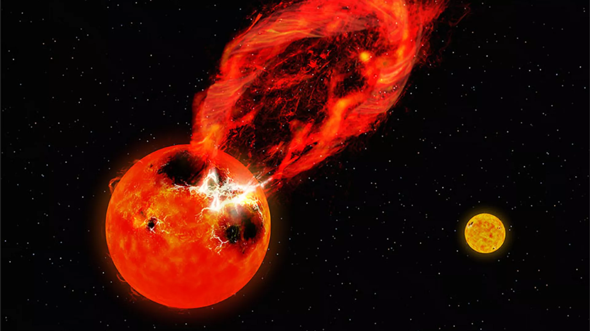 Impresión artística de una llamarada masiva, llamada superllamarada, observada en una de las estrellas en el sistema estelar binario V1355 Orionis. La estrella compañera binaria es visible en el fondo a la derecha. Impresión artística de una llamarada masiva, llamada superllamarada, observada en una de las estrellas en el sistema estelar binario V1355 Orionis. La estrella compañera binaria es visible en el fondo a la derecha. - Sputnik Mundo, 1920, 01.05.2023