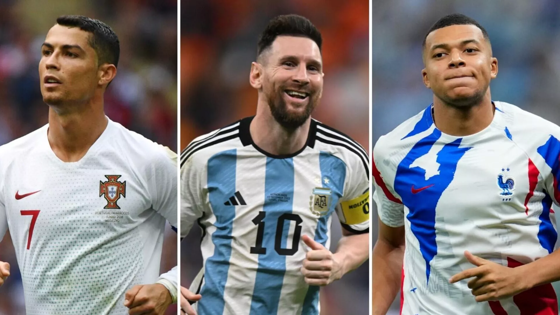 El futbolista portugués Cristiano Ronaldo, el argentino Lionel Messi y el francés Kylian Mbappé 