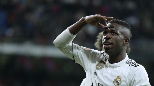 Vinícius Jr, del Real Madrid, celebra un gol durante un partido de la Copa del Rey de fútbol entre el Real Madrid y el Leganés - Sputnik Mundo