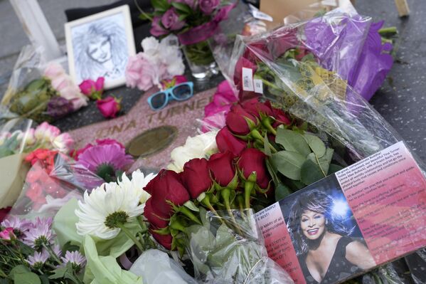 Tina Turner fue llamada la reina del Rock &#x27;n&#x27; Roll por su estilo único de cantar, y la revista Rolling Stone la nombró una de las mejores cantantes de nuestro tiempo.En la foto: flores en la estrella con el nombre de Tina Turner en el Paseo de la fama de Hollywood, 24 de mayo de 2005. - Sputnik Mundo