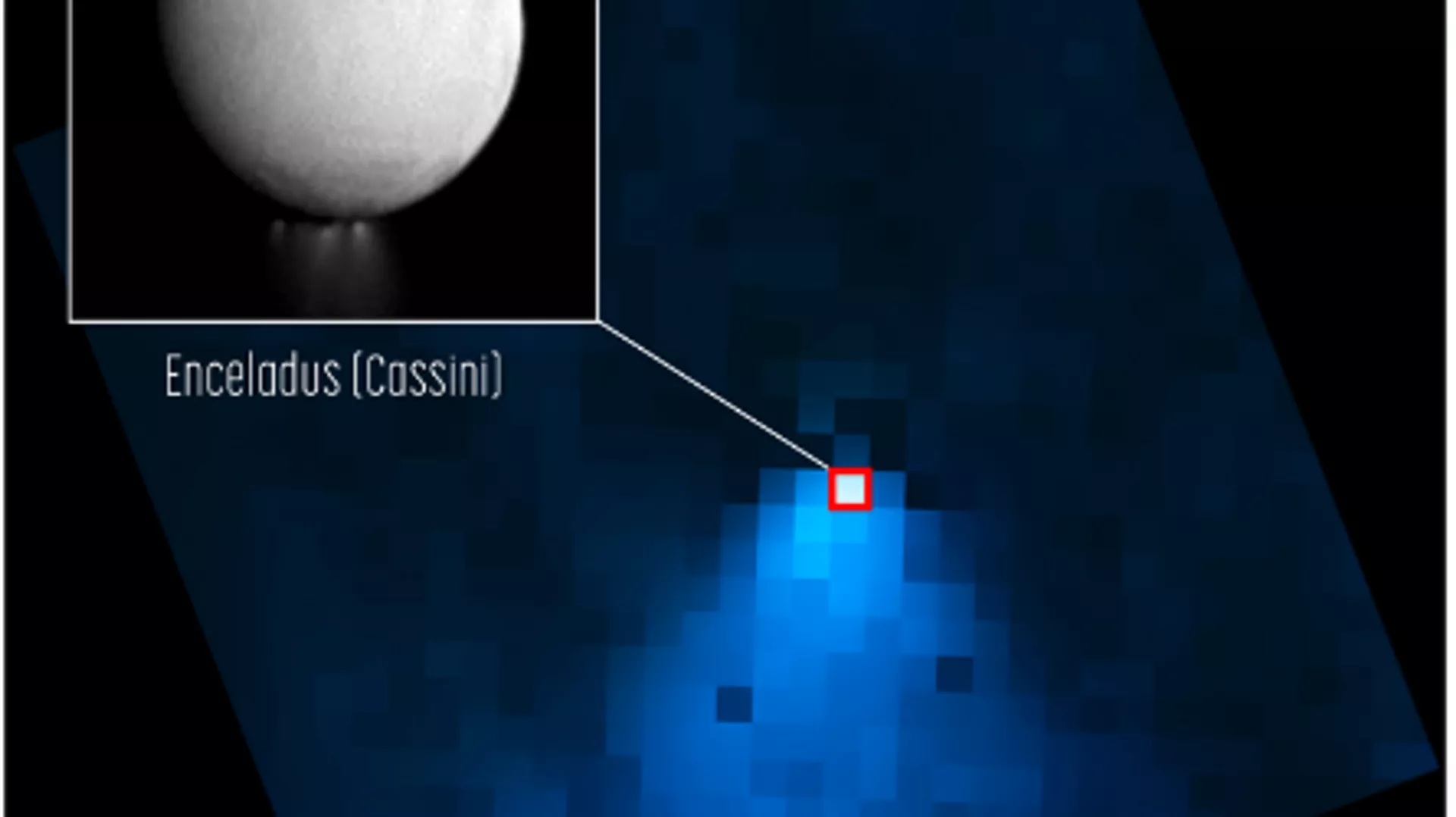 Un penacho de vapor de agua que sale del polo sur de la luna Encélado de Saturno.