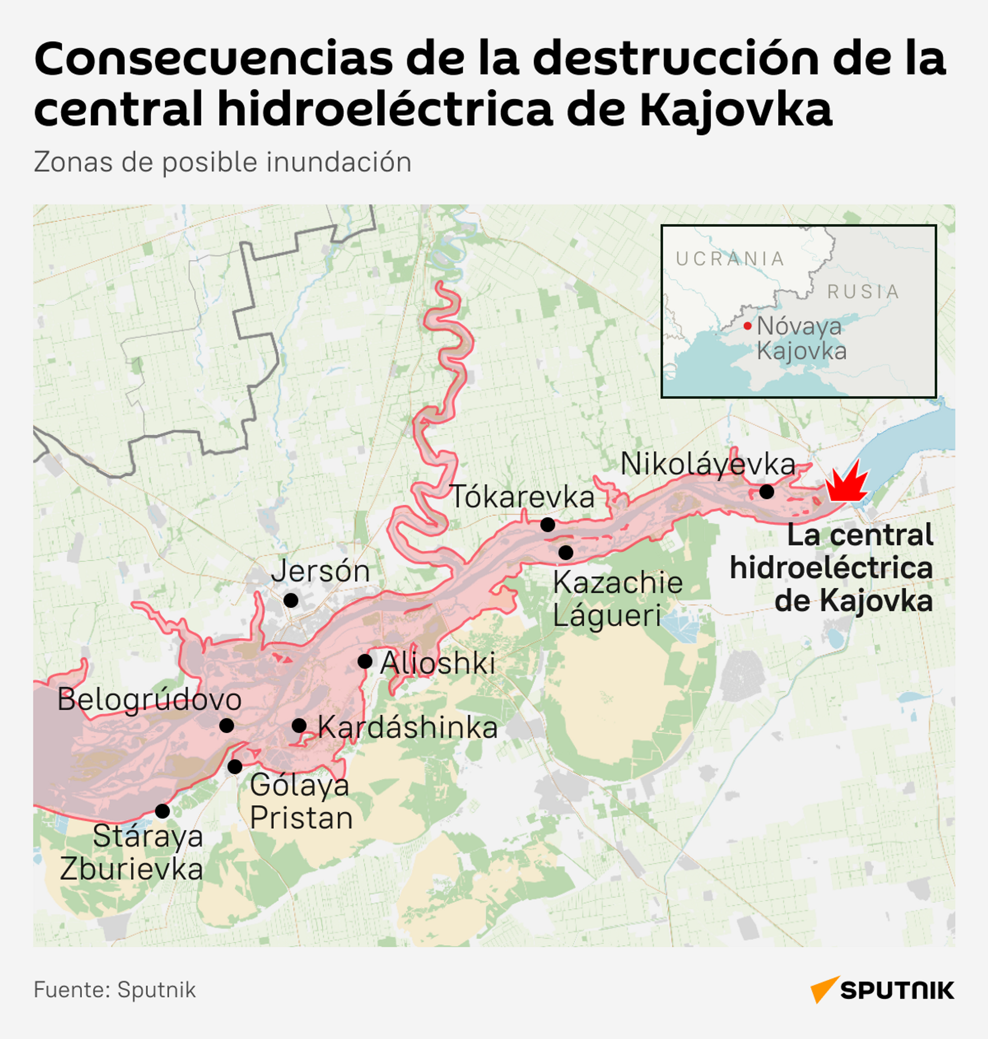 Las zonas en peligro de inundación tras el ataque a la central hidroeléctrica de Kajovka  - Sputnik Mundo, 1920, 06.06.2023