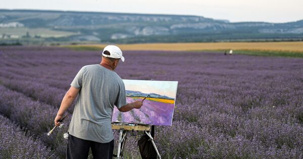 Las mayores plantaciones de lavanda se encuentran en la zona de Bajchisarai.En la foto: un artista trabaja en un campo de lavanda cerca del pueblo Turguénevka en Crimea. Las mayores plantaciones de lavanda se encuentran en la zona de Bajchisarai.En la foto: un artista trabaja en un campo de lavanda cerca del pueblo Turguénevka en Crimea. - Sputnik Mundo