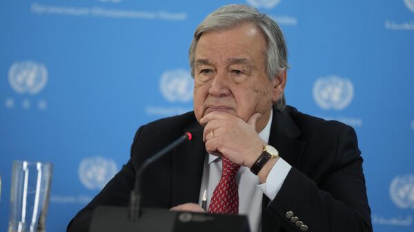 Antonio Guterres, el secretario general de la ONU, asiste a una rueda de prensa durante una visita a la oficina de la ONU en  Kenia, el 3 de mayo de 2023. - Sputnik Mundo