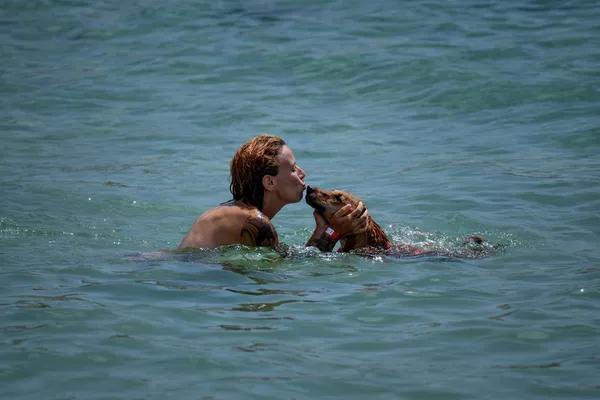 En algunas partes de España, los termómetros marcaban 44 grados centígrados y, según los meteorólogos, esto no es el límite. En la foto: una mujer nadando con su perro en el mar cerca de una playa de Barcelona. En algunas partes de España, los termómetros marcaban 44 grados centígrados y, según los meteorólogos, esto no es el límite. En la foto: una mujer nadando con su perro en el mar cerca de una playa de Barcelona. - Sputnik Mundo