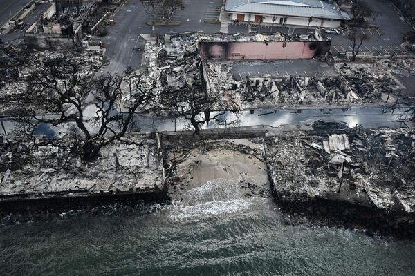 Donde antes estaba Lahaina ahora solo quedan árboles y automóviles quemados, edificios carbonizados y destruidos. - Sputnik Mundo