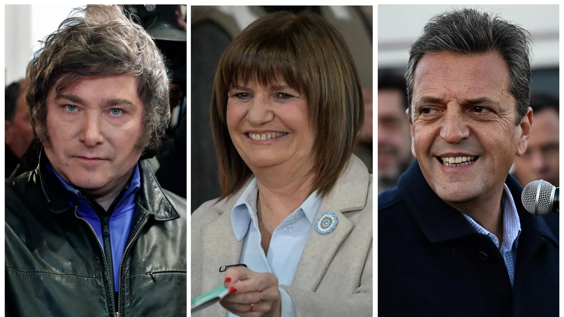 Los candidatos a la presidencia argentina Javier Milei, Patricia Bullrich y Sergio Massa