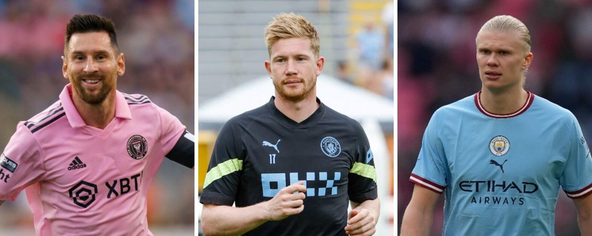 El futbolista argentino Lionel Messi, el belga Kevin De Bruyne y el noruego Erling Haaland  - Sputnik Mundo, 1920, 17.08.2023