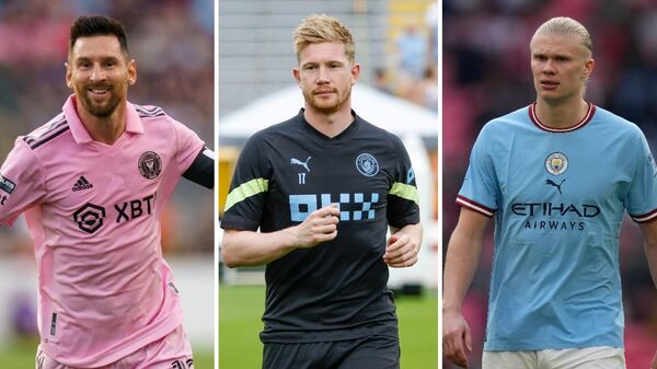 El futbolista argentino Lionel Messi, el belga Kevin De Bruyne y el noruego Erling Haaland  - Sputnik Mundo