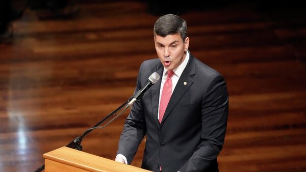 Santiago Peña, el presidente de Paraguay, habla durante su ceremonia de proclamación electoral en Asunción, el 30 de mayo de 2023. - Sputnik Mundo