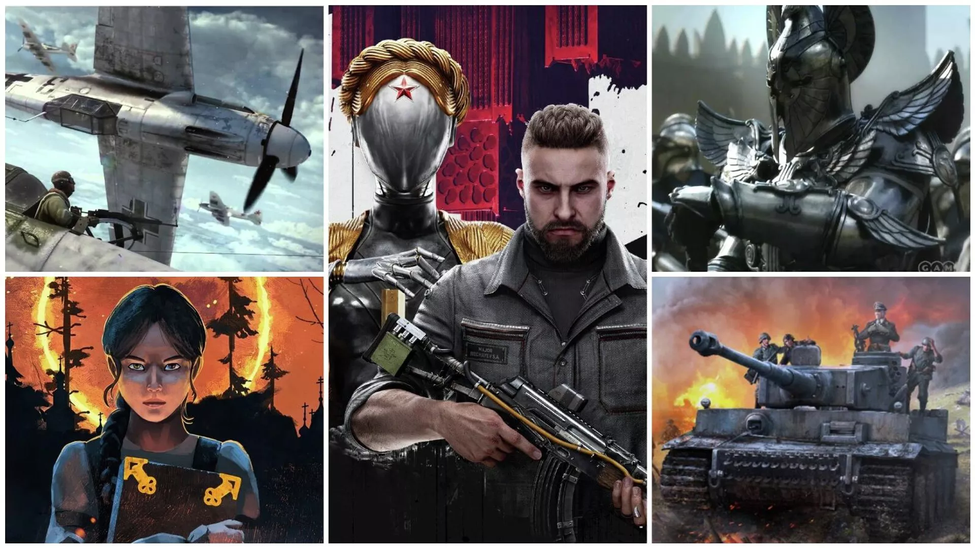 Posters de los videojuegos rusos Atomic Heart, Black Book, Heroes of Might and Magic V, Blitzkrieg y IL-2 Shturmovik