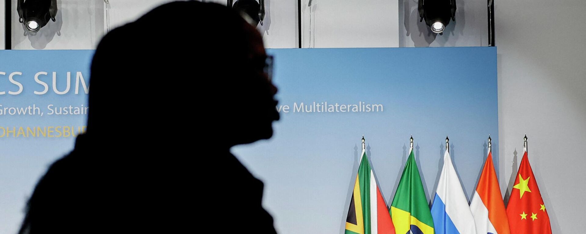 Una mujer junto a las banderas de Sudáfrica, Brasil, Rusia, India y China durante la Cumbre de los BRICS de 2023, en Johannesburgo, el 24 de agosto de 2023 - Sputnik Mundo, 1920, 28.08.2023