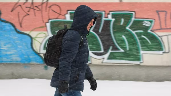 Un hombre camina mientras cae la nieve en Riga  - Sputnik Mundo
