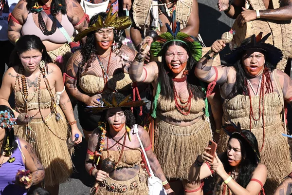 Mujeres indígenas brasileñas de diferentes tribus participan en el desfile. Mujeres indígenas brasileñas de diferentes tribus participan en el desfile. - Sputnik Mundo