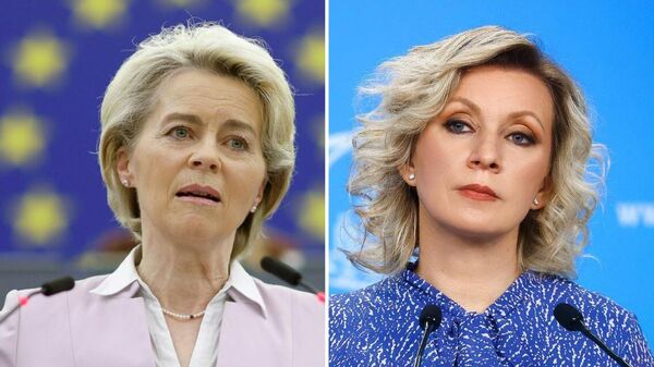 Ursula von der Leyen, la presidenta de la Comisión Europea (izda.), y María Zajárova, portavoz de la Cancillería rusa (dcha.) - Sputnik Mundo