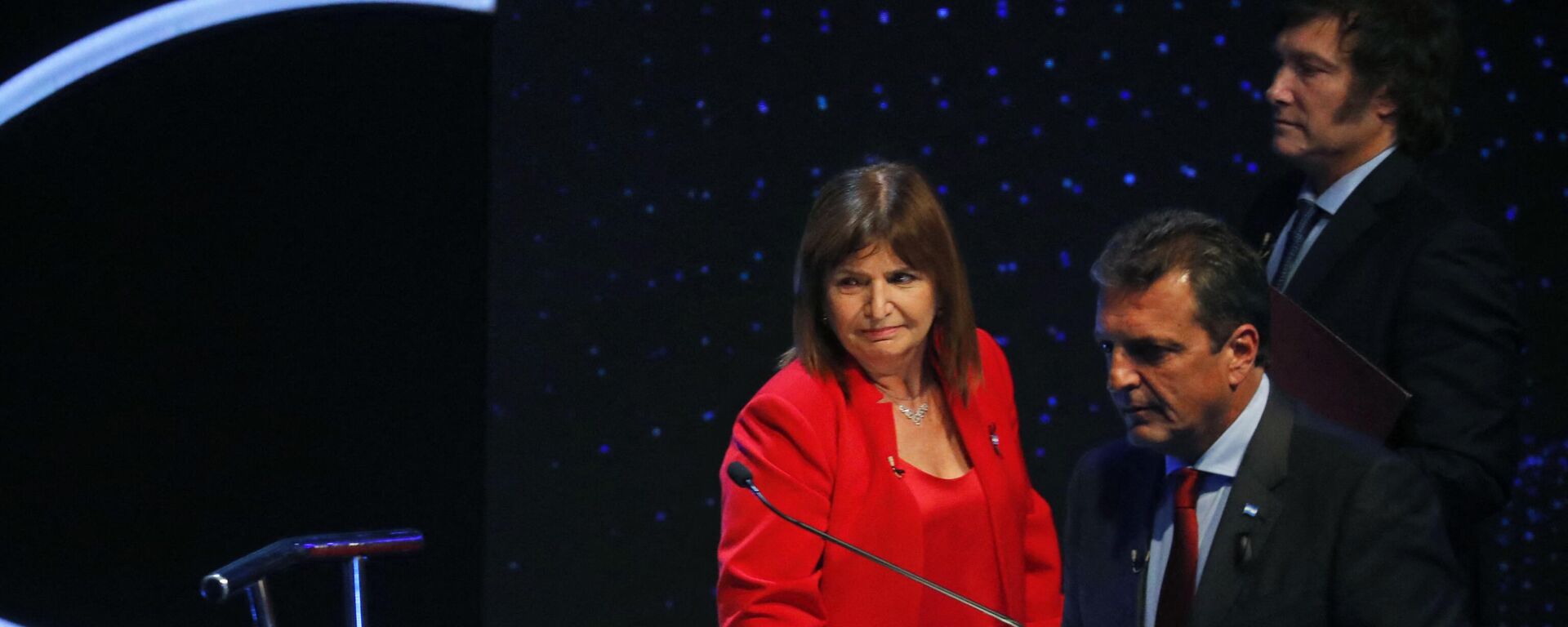 Patricia Bullrich, Sergio Massa y Javier Milei, en el segundo debate presidencial argentino en la Universidad de Buenos Aires - Sputnik Mundo, 1920, 10.10.2023