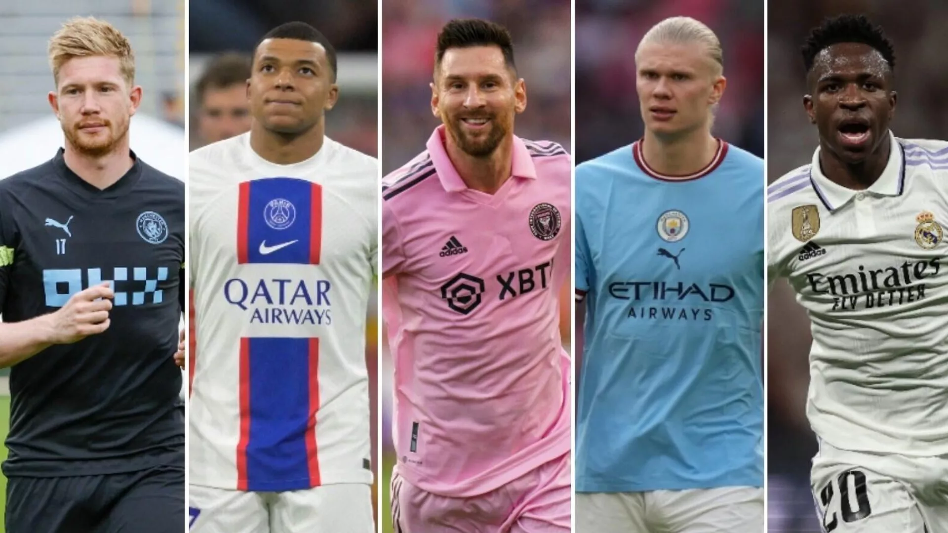 El futbolista belga Kevin De Bruyne, el francés Kylian Mbappé, el argentino Lionel Messi, el noruego Erling Haaland, el brasileño Vinicius Júnior El futbolista belga Kevin De Bruyne, el francés Kylian Mbappé, el argentino Lionel Messi, el noruego Erling Haaland, el brasileño Vinicius Júnior - Sputnik Mundo, 1920, 29.10.2023