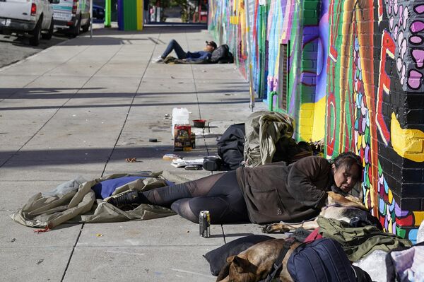 Victoria Solomon acaricia a su perra, Gipsi, mientras espera a que se sequen sus pertenencias en San Francisco. - Sputnik Mundo