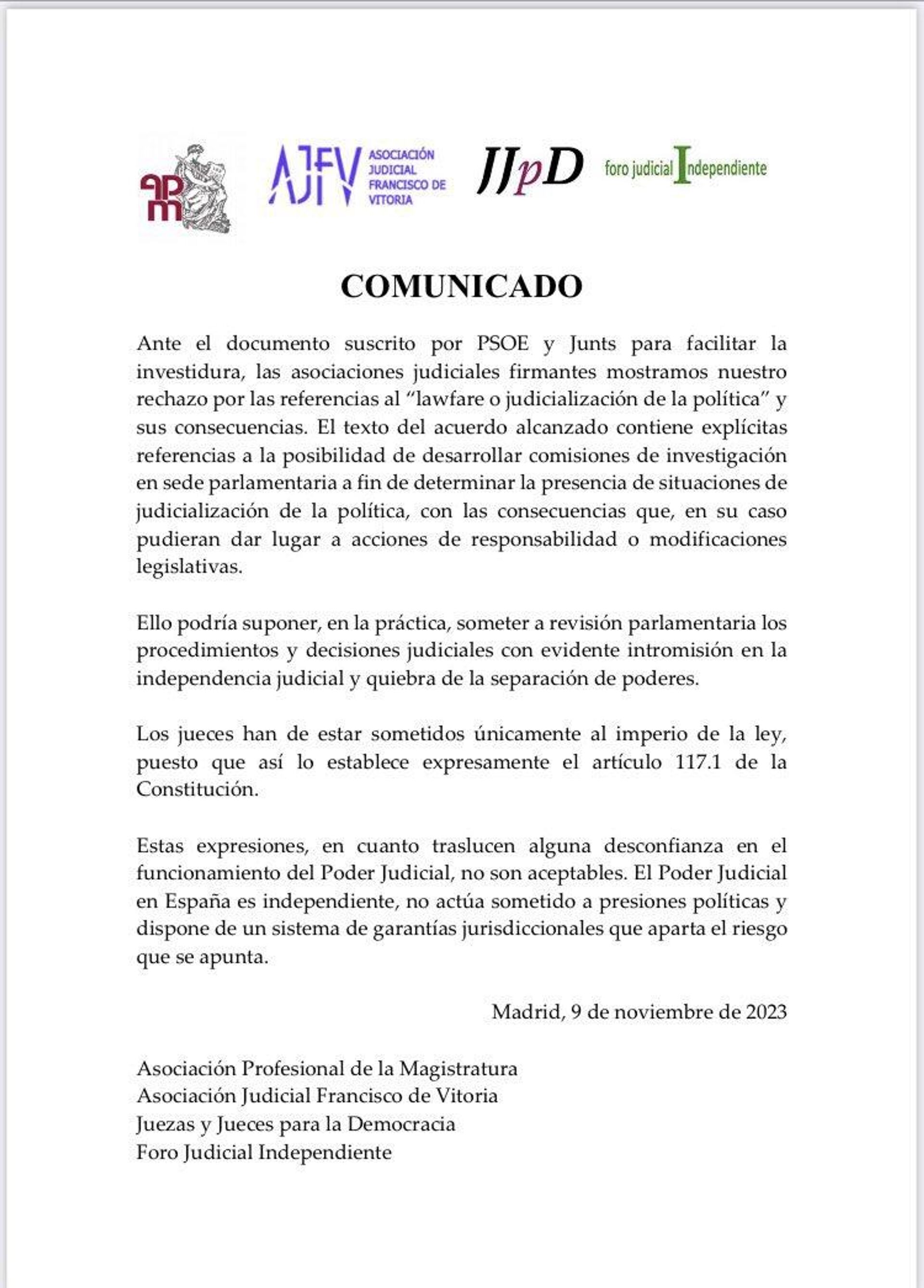 Comunicado asociaciones de jueces - Sputnik Mundo, 1920, 13.11.2023