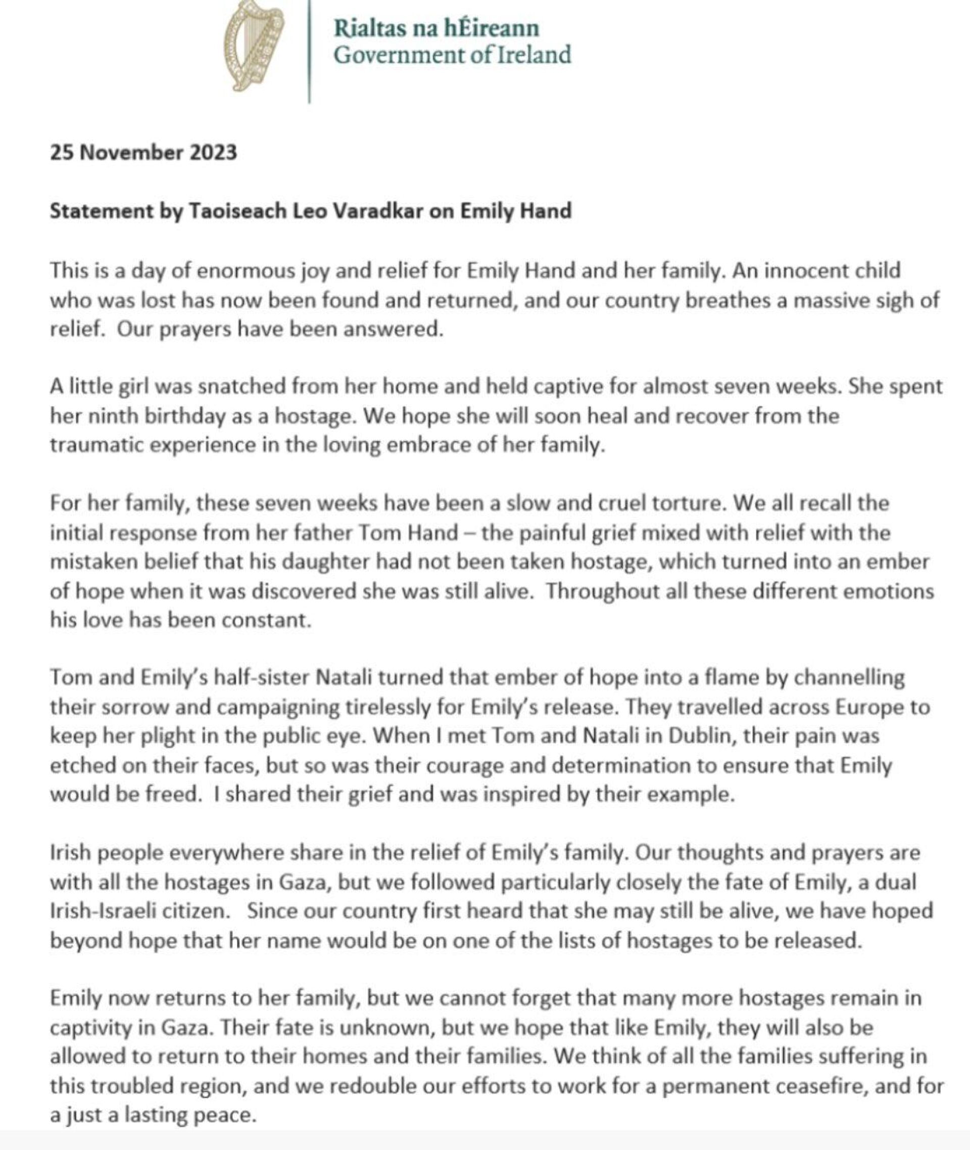 Comunicado del primer ministro de Irlanda sobre Emily Hand - Sputnik Mundo, 1920, 27.11.2023