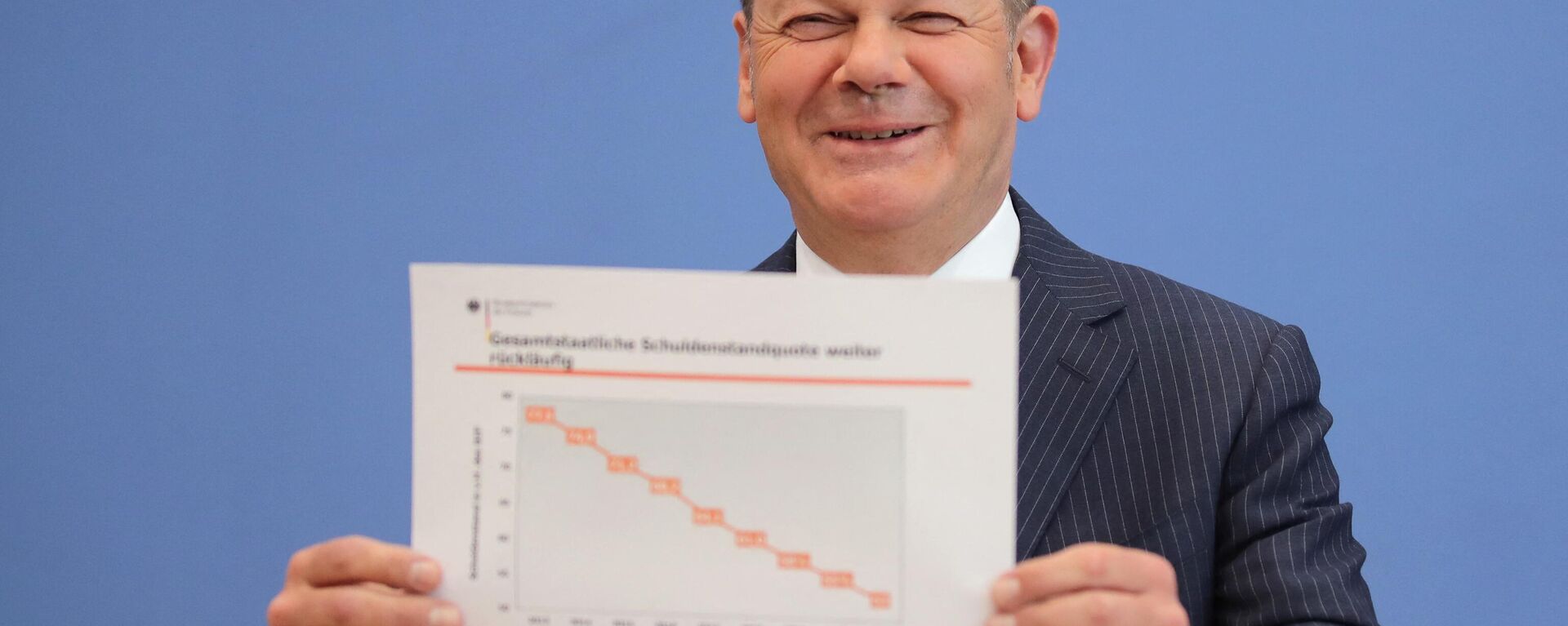 El canciller alemán, Olaf Scholz, muestra una estadística sobre el ratio de deuda de las administraciones públicas - Sputnik Mundo, 1920, 04.01.2024