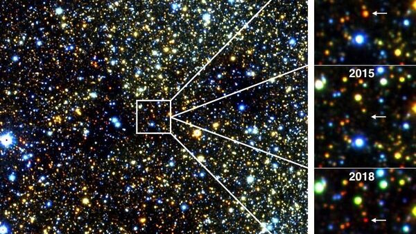 Imágenes infrarrojas de una estrella gigante roja situada a unos 30.000 años luz, cerca del centro de la Vía Láctea, que se desvaneció y reapareció en el transcurso de varios años - Sputnik Mundo