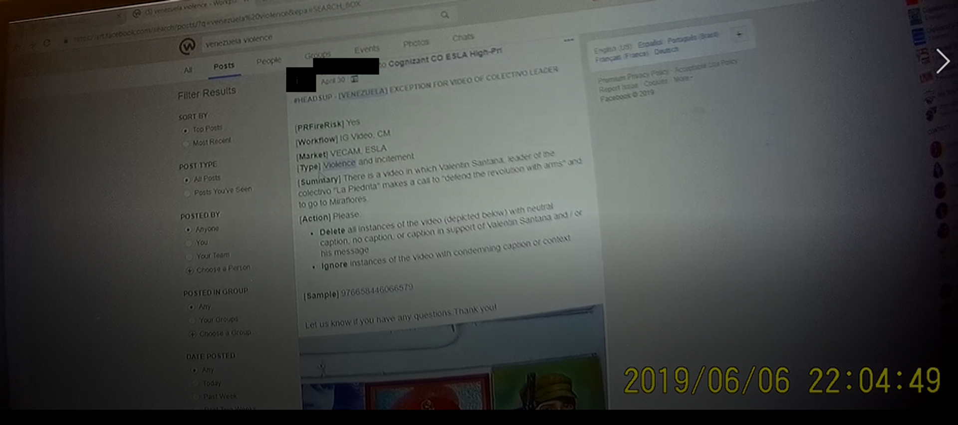 Captura de pantalla de Ryan Hartwig de la directiva a los moderadores de contenido de Facebook en la que se les dice que eliminen un vídeo de un aliado de Maduro que llama a los venezolanos a defender la revolución con las armas. - Sputnik Mundo, 1920, 04.02.2024