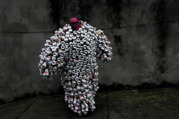 El carnaval no solo se celebra en Río de Janeiro y otras grandes ciudades, sino también en pequeños pueblos e incluso aldeas.En la foto: un participante en el carnaval con un disfraz hecho de latas de cerveza en la fiesta callejera Bloco da Latinha en Madre de Deus, Bahía. - Sputnik Mundo