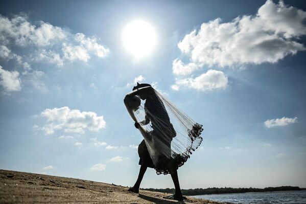 Un pescador se prepara para lanzar la red en la playa de Srinivasapuram en la India, en la confluencia del río Adyar con el océano Índico. - Sputnik Mundo
