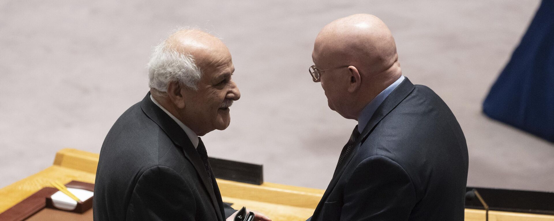 El embajador palestino ante la ONU, Riyad Manso y el representante ruso ante la ONU, Vasili Nebenzia - Sputnik Mundo, 1920, 22.02.2024