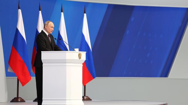 Vladímir Putin, presidente ruso, durante el mensaje a la Asamblea Federal de Rusia, el 29 de febrero de 2024 - Sputnik Mundo