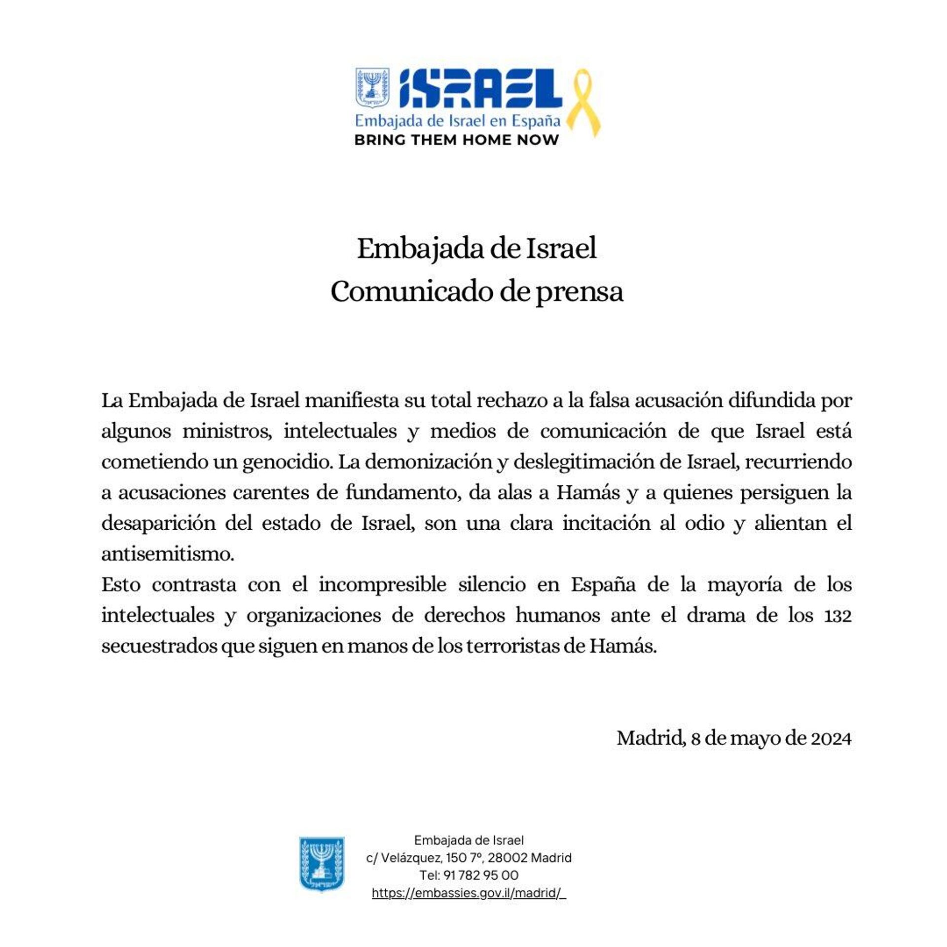 Comunicado de la Embajada de Israel - Sputnik Mundo, 1920, 10.05.2024