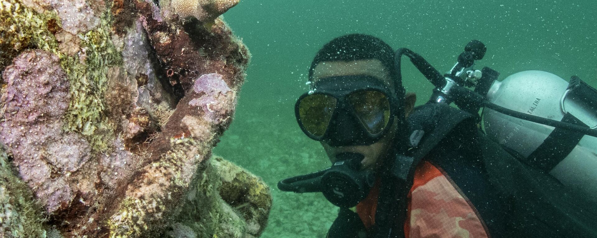 El coral crece en una escultura en el museo submarino Muszif en Isla Fuerte, Bolívar, Colombia - Sputnik Mundo, 1920, 05.06.2024