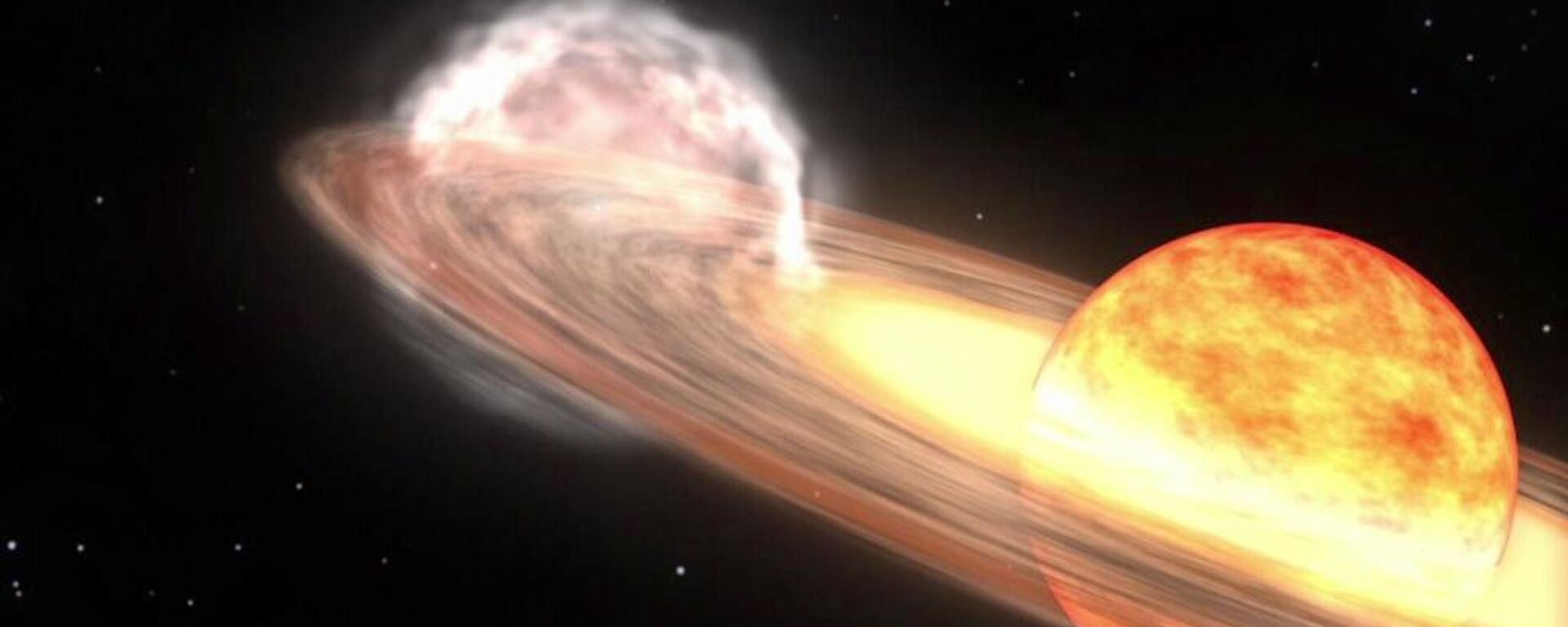 Una estrella gigante roja y una enana blanca orbitan entre sí en esta animación de una nova similar a T Coronae Borealis - Sputnik Mundo, 1920, 19.06.2024