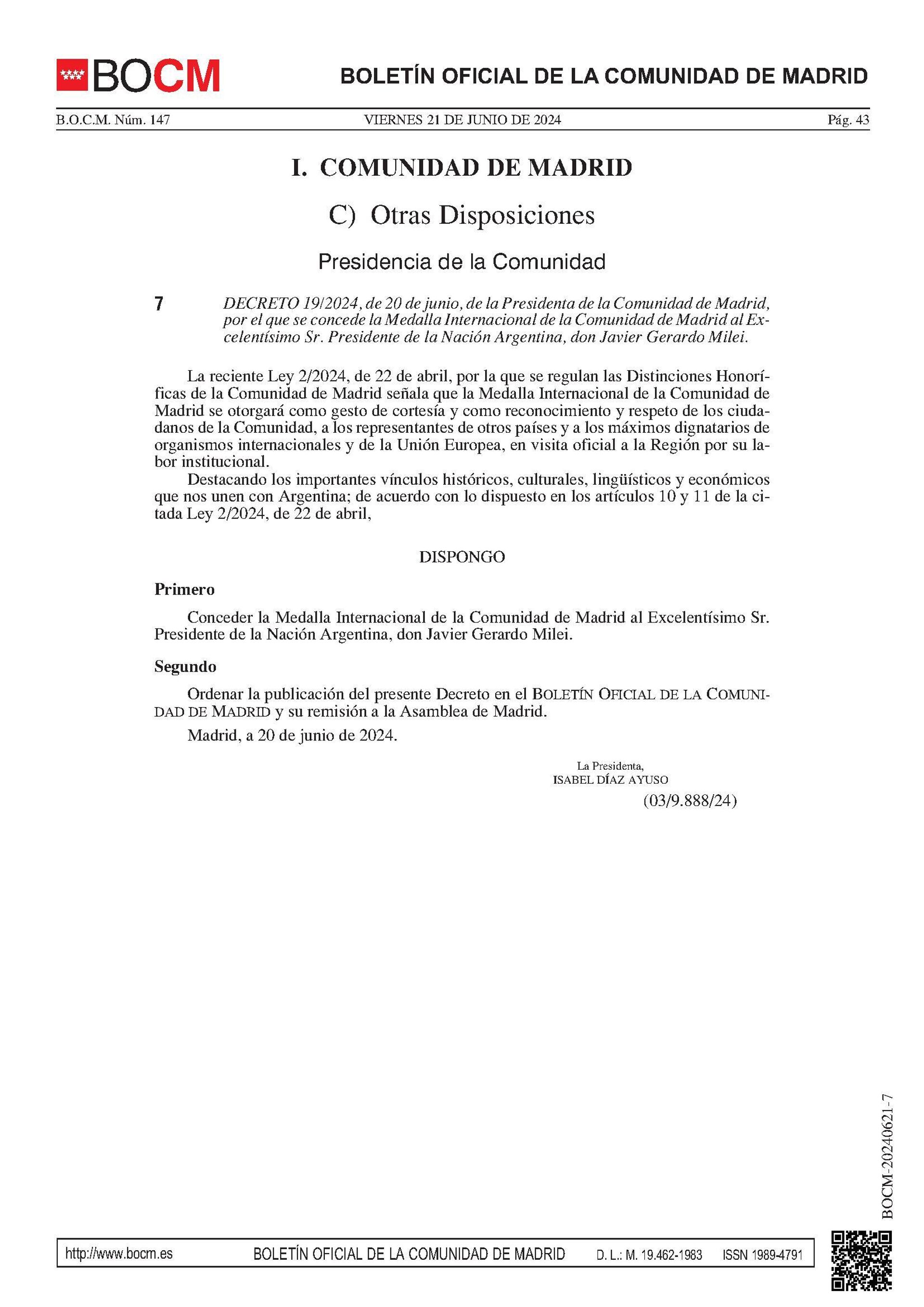 Decreto de concesión de la Medalla Internacional a Javier Milei - Sputnik Mundo, 1920, 21.06.2024