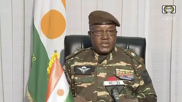 Mandatario de Níger, Abdourahmane Tchiani, realizando una declaración en televisión, en Niamey, Níger, el 28 de julio de 2023 - Sputnik Mundo