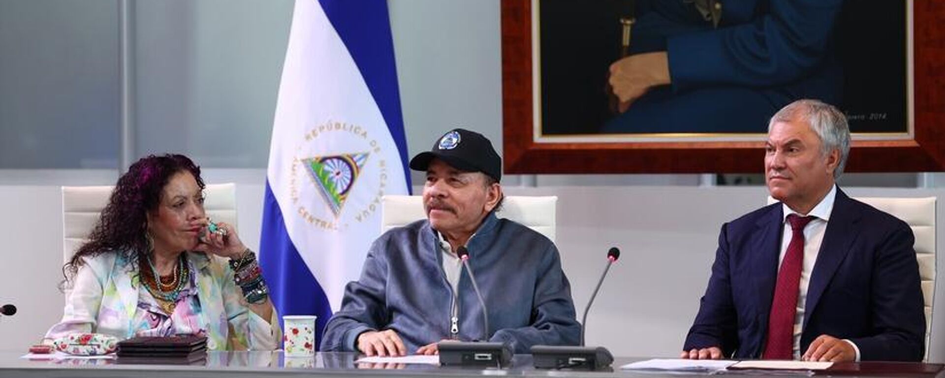 Rosario Murillo, vicepresidenta de Nicaragua; Daniel Ortega, presidente de Nicaragua, y Viacheslav Volodin, jefe de la Duma Estatal de la Federación de Rusia.  - Sputnik Mundo, 1920, 21.07.2024