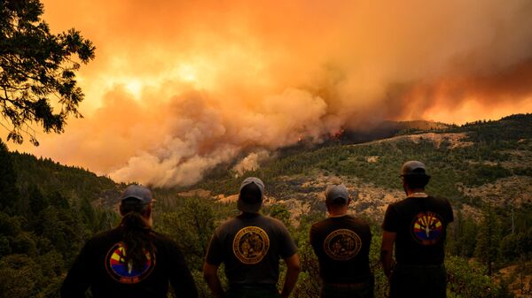 Los bomberos observan cómo las llamas y el humo se mueven a través de un valle en el área de Forest Ranch, en el condado de Butte, mientras el incendio Park continúa ardiendo cerca de Chico, California - Sputnik Mundo